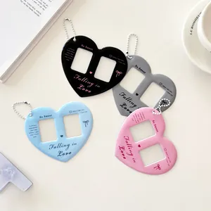 Ins style double heart photo card holder keychain in black, silver, blue and pink