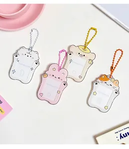 Close-up of four colorful animal acrylic photo card holders with bead chain straps