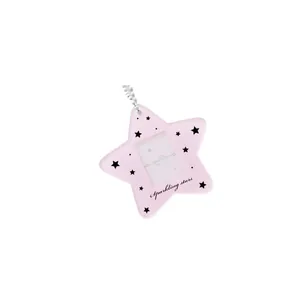 Pink star-shaped acrylic card holder with star patterns and silver ball chain