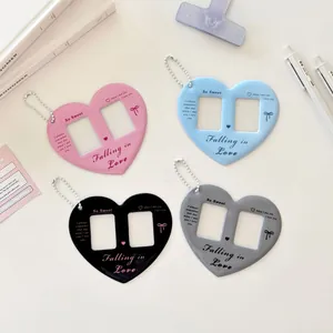 Minimalist double heart photo card holder keychain set in pink blue black and grey colors