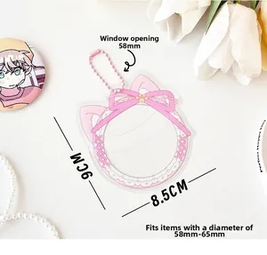 Pink cat ear badge holder detail showing 58mm window size and lace decoration
