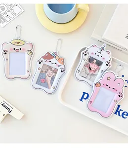 Close-up of cute cartoon animal card holders with transparent windows and metal bead chains