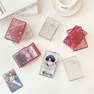 Glitter Transparent Plastic Card Storage Box Flip Top Desktop Organizer For Photocards Postcards Stars Bow Heart Design