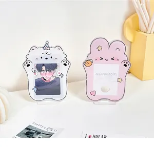 Detail of acrylic display stands for photocards with cute bear and rabbit cartoon designs