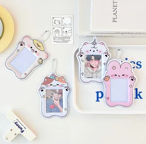 Detailed view of 4 cute PVC cartoon card holders with bunny and cat designs for 3-inch cards