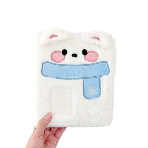 Cute white plush puppy photo card binder with embroidered blue scarf detail and polar bear design