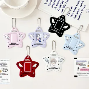 Kawaii Star Shape PVC Photo Card Holder Angel Wings Sparkling Stars ID Card Case With Metal Bead Chain Keychain Pendant