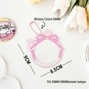 Pink cat ear lace badge protector for anime pins with size dimensions and chain