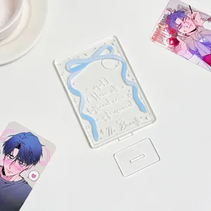 Soporte de acrílico para tarjetas con lazo azul y base estable para decoración de mesa