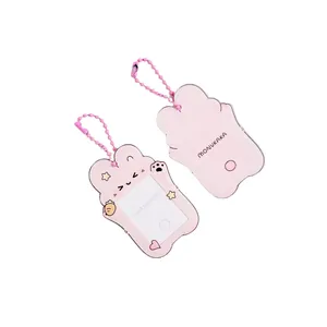 Cute pink rabbit acrylic photocard holder with cartoon patterns and metal bead chain