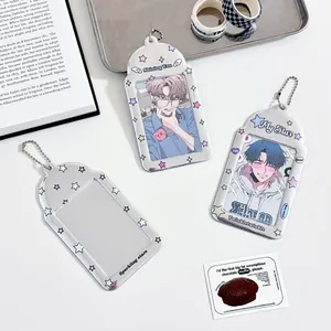Silver star photocard holder with reflective PVC texture and metal ball chain