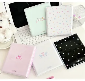 Five assorted pastel colors photo card binders in mint, pink and black displayed on a laptop