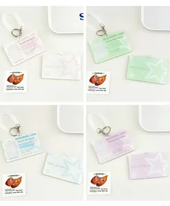 Detail of macaron color acrylic id card holders with angelic wings and retractable lanyards
