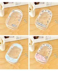 Detailed view of clear PVC storage bags with four cute printed designs and silver hooks