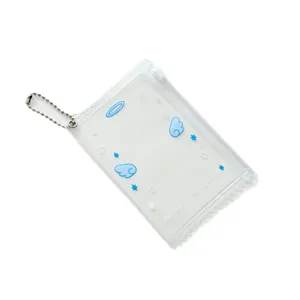 Porte-carte en PVC transparent avec ailes d'ange bleues et chaîne à perles argent