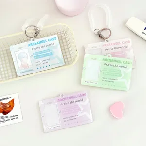 Acrylic Angel Wing Card Holder With Spring Keychain Star Printed ID Photo Protector For Students Women Cute Kawaii Accessory