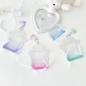 Gradient Glitter Transparent Lace Ribbon Photocard Holder With Wings Acrylic Card Sleeve Heart Pendant For Kpop Fans Girls