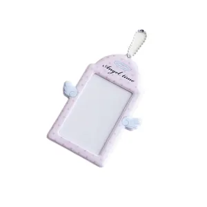 Pink angel wings photo card holder with stars pattern and beaded metal chain