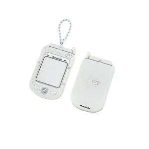 White mobile phone shaped acrylic card holder with star and heart motifs and chain