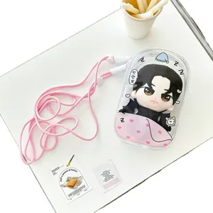 Clear PVC oval doll display bag with pink woven rope and cute sleepy illustration