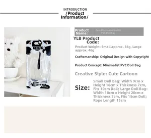 Detailed size specifications for transparent PVC milk carton doll display bags with lanyards