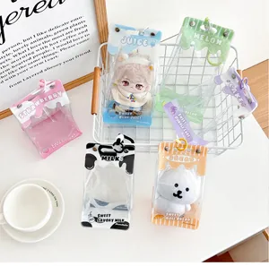 Macro detail of transparent PVC plush doll display bags with colorful zipper clips and rings