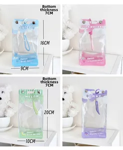 Transparent PVC plush doll storage bags in four colors with dimensions and base thickness