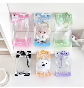 Detailed set of six colorful transparent PVC doll display bags with decorative patterns
