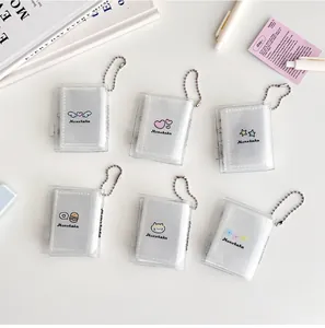 Mini glitter PVC photo card binders with cute cartoon prints and metal bead chains