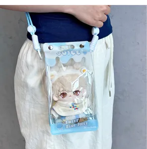 Adjustable light blue PVC crossbody bag for dolls with transparent juice box design