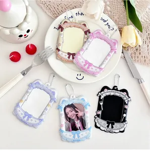 Macro shot of cute 3-inch cat-ear cardholders in five pastel colors with bead chains