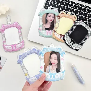 Kawaii Cat Ear PVC Photocard Holder With Bowknot And Metal Bead Chain For Idol Photo Cards Storage Card Sleeve Protective Case School Office Decor