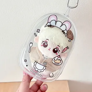 Transparent PVC doll display bag with cartoon motifs and silver metal hanging hook