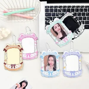 Cute acrylic cat-ear photo card holder with bow and bead chain in various colors