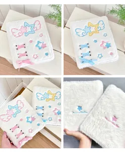 Detailed views of plush star notebook covers in pink and blue colors with embroidery