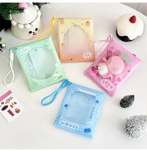 Detailed view of four colorful transparent PVC doll pouches with matching wrist straps
