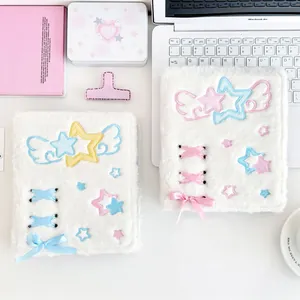 Kawaii Plush A6 6 Ring Binder Photocard Holder Angel Wings Star Embroidery Lace Up Satin Ribbon Kpop Star Photocard Storage Album