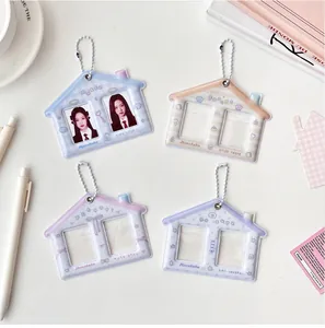 Detail of house-shaped double card holder keychain with blue pink cream and purple cases