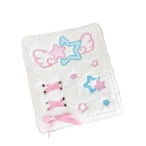 White plush star angel A6 binder cover with embroidery and pink ribbon detail