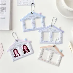 Mini house-shaped PVC photo card holder with double slots and metal keychain chain