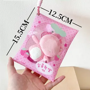 Pink strawberry plush doll carrier bag for 10cm dolls in cute transparent packaging