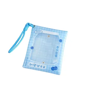 Blue plaid 10cm doll storage bag with clear window and blueberry milk design