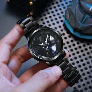 Men's car hub wheel watch with hollow 3D design and black metal strap on industrial background