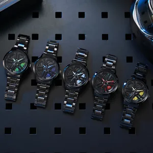 Men's quartz watches featuring 3D rotating car wheel rims with colorful brake calipers