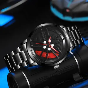 Men's car wheel rim watch with 3D hollow hub dial and black stainless steel band