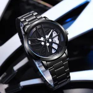 Men's Car Racing Wheel Hub Watch 3D Hollow Dial Quartz Wristwatch Alloy Case Stainless Steel Strap Sporty Creative Gift