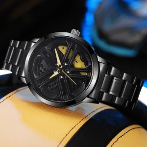 Men's sports watch with black 3D rotating car hub dial and yellow brake caliper details