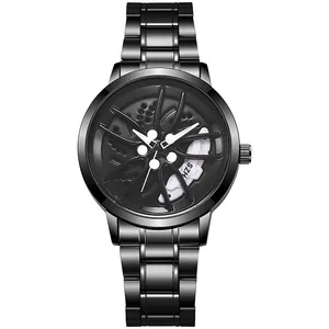 Detail of 3D car rim dial with white brake caliper and black stainless steel band