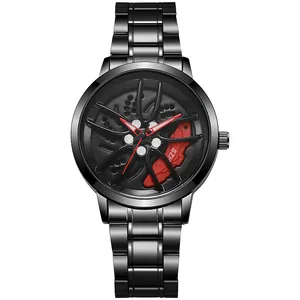 Detail of creative hollow car rim watch dial with red brake calipers and black steel band