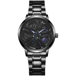 Close-up of men's watch featuring a 3D racing wheel hub dial and blue brake calipers